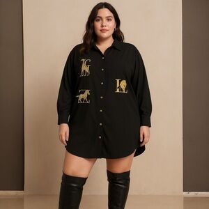 Vintage CST Studio Black Oversized Safari Animal Embroidered Button Down Shirt